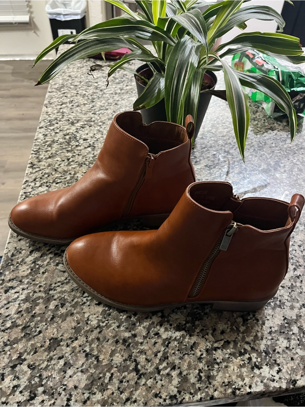 Women's Tan Leather Ankle Booties with Side Zip